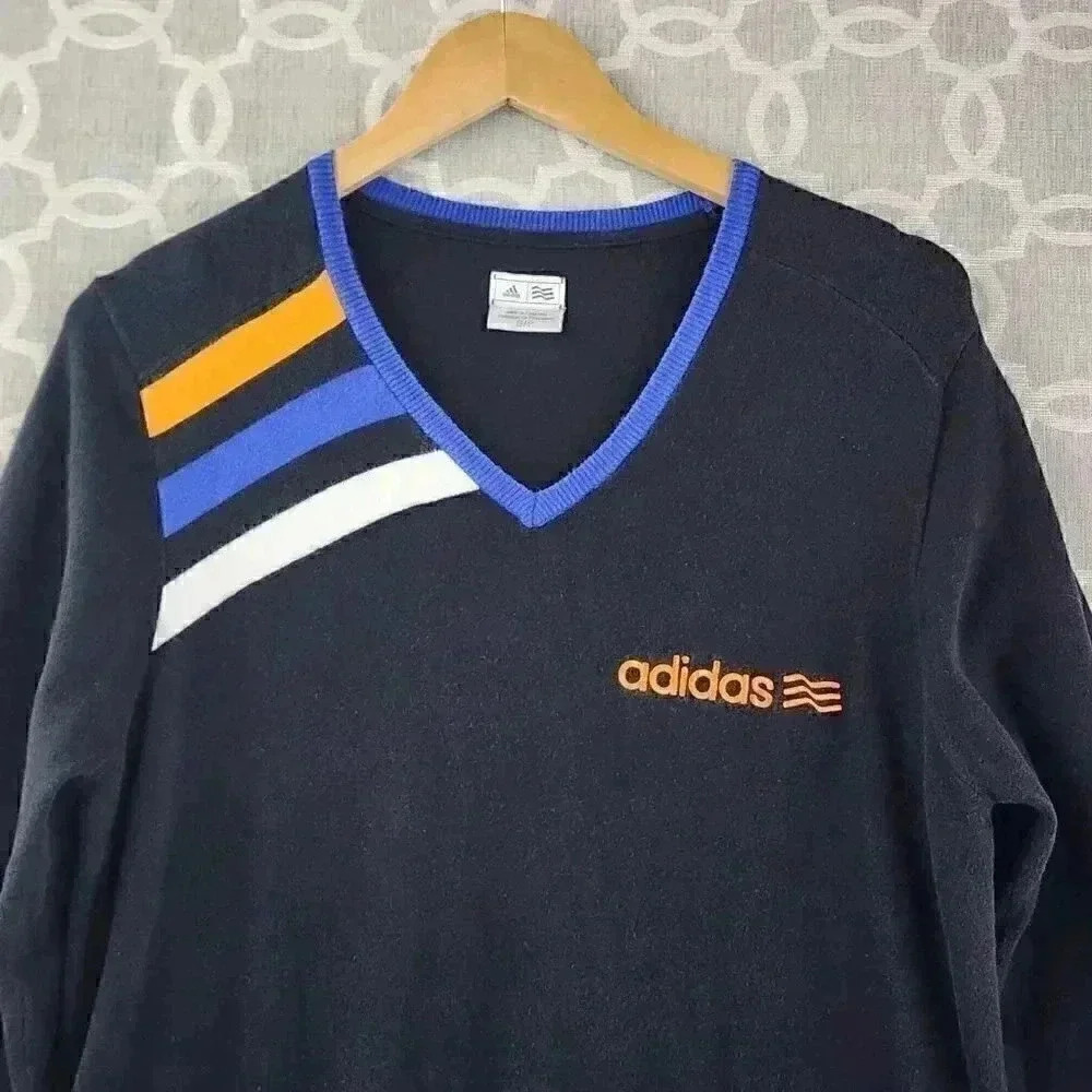 Vintage Adidas V Neck Striped Pullover Sweater Men's S/P - Picture 3 of 9